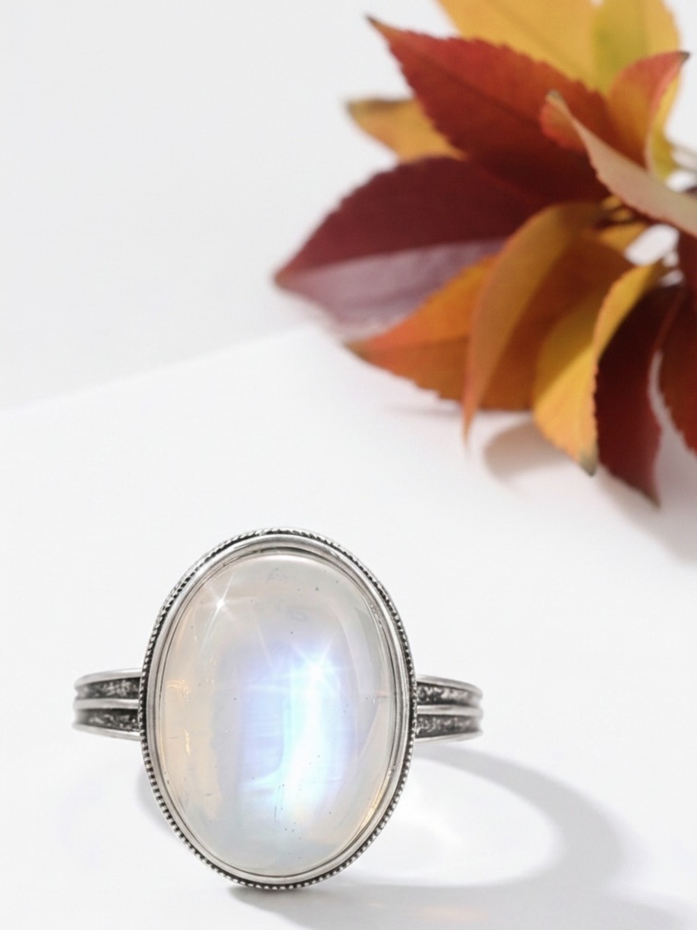S925 Sterling Silver Plated Large Oval Moonstone Statement Ring - Iridescent!